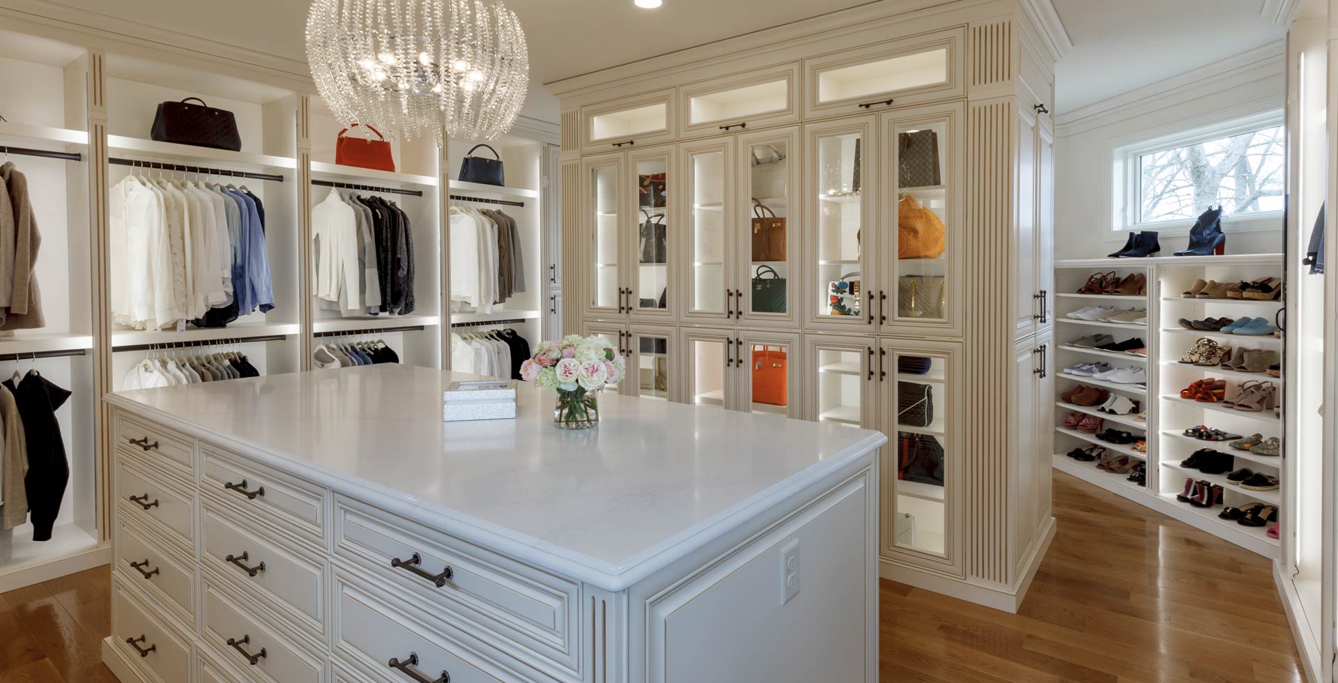 Walk-in closet with purse display