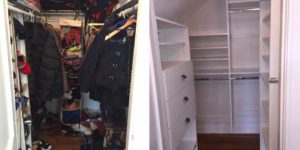 Before-and-after images showcasing the impact of NewSpace's home organization services on a walk-in closet.
